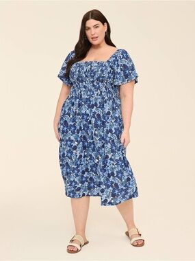 Lane Bryant Smocked-Bodice Flutter-Sleeve Floral Midi Dress 22/24